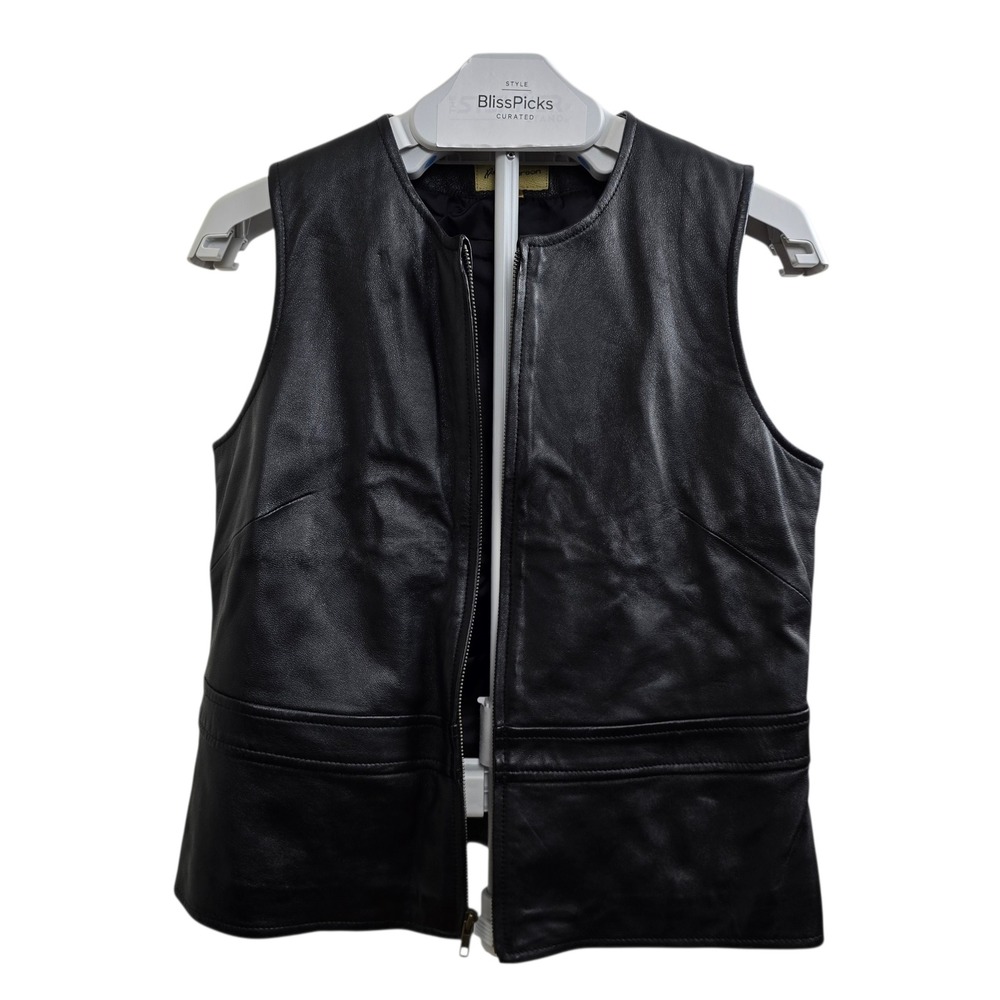 Rem Garson Womens Genuine Black Leather Zip Vest Minimal 90s Size M Downtown Chi